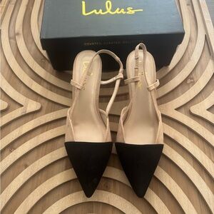 Lulu's Black and Beige Pointed Slingback Heels
